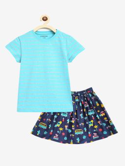 Campana - Girls Pure Cotton Tropical Printed Skirt and Solid T-shirt- Blue and Navy