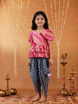 PSPeaches - Girls Multi-Color Ethnic Printed Kota Frill leheriya Top With Dhoti Pant