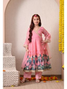 Indi-Loom Couture - Girls Pink Floral Printed Anarkali Kurta and Pant with Dupatta