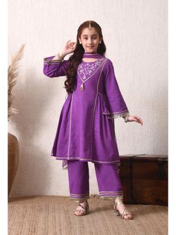 Indi-Loom Couture - Girls Purple Embroidered Kurta with Pant and Dupatta