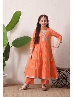 Indi-Loom Couture - Girls Orange Angrakha Style Anarkali Kurta and Pant with Dupatta