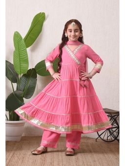 Indi-Loom Couture - Girls Pink Tiered Anarkali Kurta and Pant with Dupatta