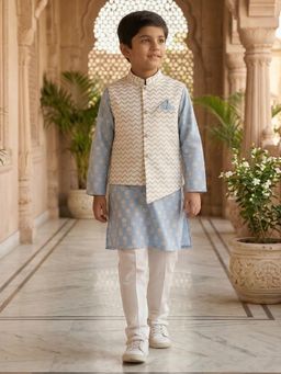 PSPeaches - Boys Cotton Kurta and Pyjama With Foil print Nehru Jacket
