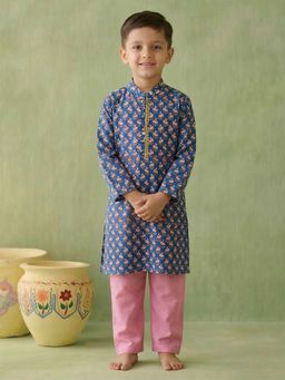 PSPeaches - Boys Blue Ethnic Printed Straight Fit Cotton Kurta With Pyjama