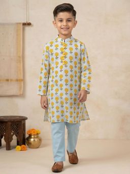 PSPeaches - Boys Ethnic Floral With Stripe Printed Cotton Kurta With Pyjama
