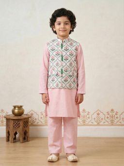 PSPeaches - Boys Pink Ethnic Straight Fit Cotton Kurta and Pyjama With Nehru Jacket