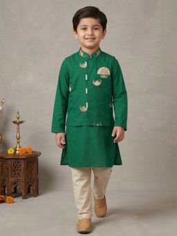 PSPeaches - Boys Green Ethnic Straight Fit Cotton Kurta and Pyjama With Nehru Jacket