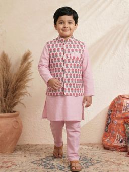 PSPeaches - Boys Pink Ethnic Solid Cotton Kurta and Pyjama With printed Nehru Jacket