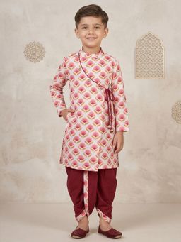 PSPeaches - Boys Ethnic Floral Printed Angrakha Cotton Kurta With Dhoti Pant