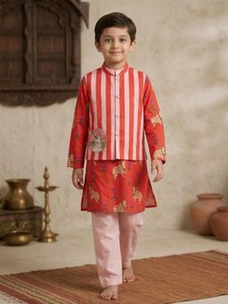 PSPeaches - Boys Red Ethnic Pichwai Printed Cotton Kurta and Pyjama With Nehru Jacket
