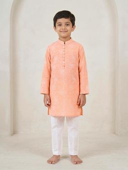 PSPeaches - Boys Peach Ethnic Printed Straight Fit Cotton Kurta With Pyjama