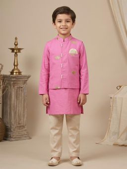 PSPeaches - Boys Pink Ethnic Straight Fit Cotton Kurta and Pyjama With Nehru Jacket
