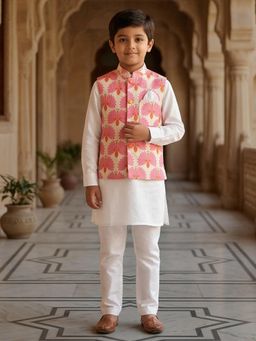 PSPeaches - Boys White Ethnic Solid Cotton Kurta and Pyjama With printed Nehru Jacket