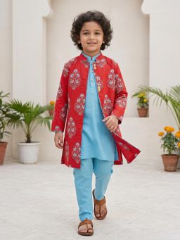 PSPeaches - Boys Red and Sky-Blue Ethnic Cotton Kurta and Pyjama With Long Jacket