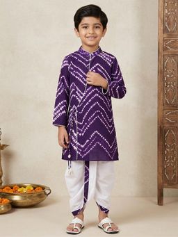 PSPeaches - Boys Purple hand block shibori Angrakha Cotton Kurta With Dhoti Pant