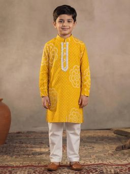 PSPeaches - Boys Yellow Ethnic Bandhani Straight Fit Cotton Kurta With Pyjama