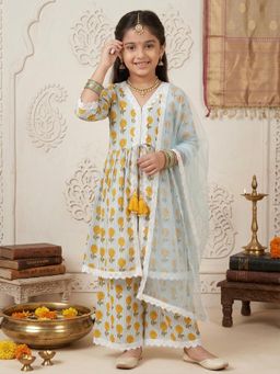 PSPeaches - Girls Blue Ethnic Floral With Stripe Printed Kurta and Pant With Dupatta