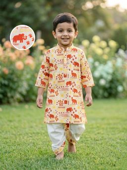 Desi Soota - Boys Yellow Cotton Elephant Motif Kurta with Dhoti
