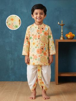 Desi Soota - Boys Yellow Cotton Floral Kurta with Dhoti