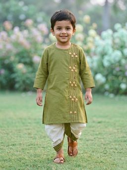 Desi Soota - Boys Olive Cotton Floral Embroidered Kurta with Dhoti