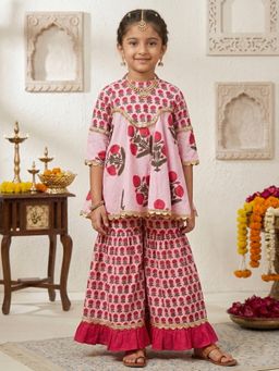 PSPeaches - Girls Pink Ethnic Floral Printed Cotton A-Line Kurti With Sharara