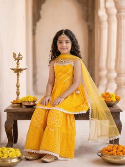 PSPeaches - Girls Yellow Ethnic Bandhani Cotton A-Line Kurti and Sharara With Dupatta