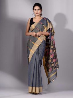 CHARUKRITI - Grey Tissue Handwoven Saree with Cream Border Without Blouse