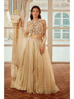 Nikita Vishakha - Beige Big Flower Blouse with Lehenga and Dupatta (Set of 3)