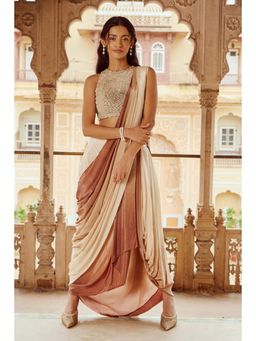 Nikita Vishakha - Beige Pre-Draped Saree with Stitched Blouse