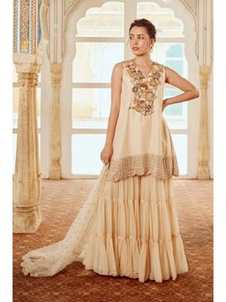Nikita Vishakha - Cream Flared Sharara with Kurti and Dupatta (Set of 3)