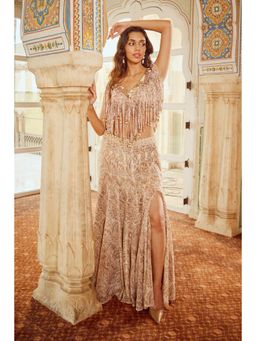 Nikita Vishakha - Beige Fringe Top with Inner and Skirt (Set of 3)