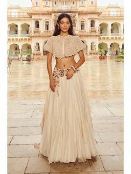 Nikita Vishakha - Beige Mesh Collar with Blouse and Lehenga (Set of 3)