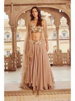 Nikita Vishakha - Beige Mesh Skirt with Blouse and Cape (Set of 3)