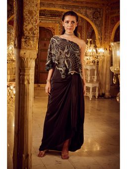 Nikita Vishakha - Brown Asymmetrical Top with Inner and Skirt (Set of 3)