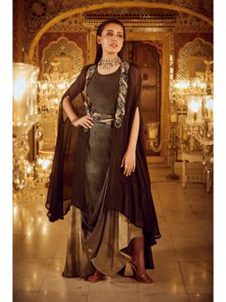 Nikita Vishakha - Brown Cowl Dress with Cape and Belt (Set of 3)