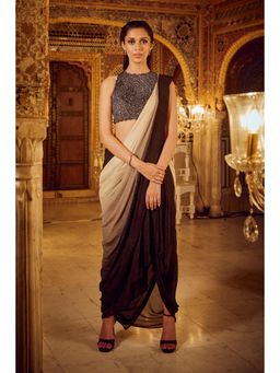 Nikita Vishakha - Brown Cowl Pre-Draped Saree with Stitched Blouse