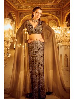 Nikita Vishakha - Brown Mesh Skirt with Blouse and Cape (Set of 3)