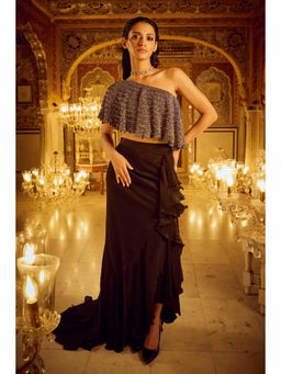 Nikita Vishakha - Brown Mesh Top with Inner and Skirt (Set of 3)