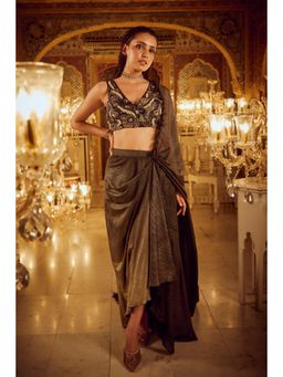 Nikita Vishakha - Brown Pick Up Pre-Draped Saree with Stitched Blouse
