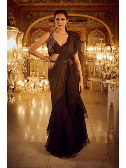 Nikita Vishakha - Brown Ruffle Pre-Draped Saree with Stitched Blouse and Belt