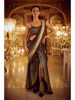 Nikita Vishakha - Brown Slit Pre-Draped Saree with Stitched Blouse