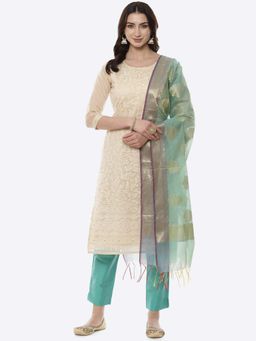 Biba - Beige Cotton Silkchanderi Unstitched Suit Set (Set of 3)