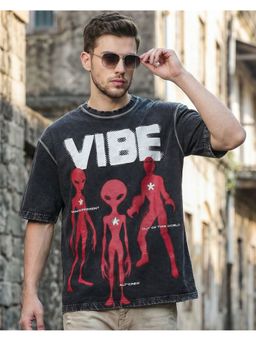 Bewakoof - Black Graphic Printed Oversized Acid Wash T-Shirt