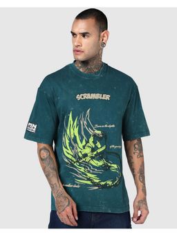 Bewakoof - Dark Sea Green Scrambler Graphic Printed Oversized Acid Wash T-Shirt