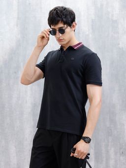 WROGN - Black Cotton Blend Solid Polo T-Shirt