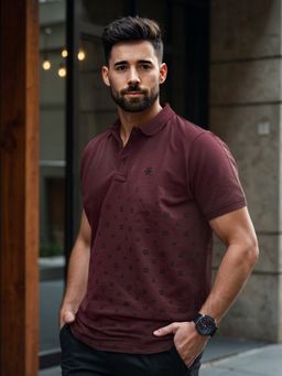 WROGN - Maroon Pure Cotton Printed Polo T-Shirt