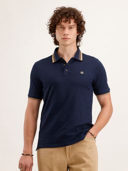 WROGN - Navy Blue Pure Cotton Collar Solid Polo T-Shirt