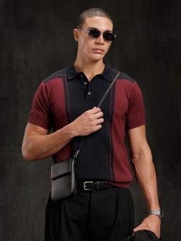 WROGN - Maroon Pure Cotton Colorblock Polo T-Shirt