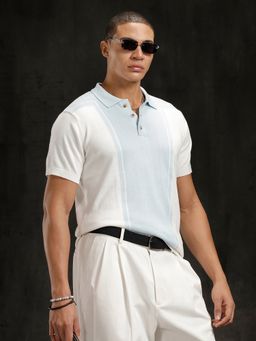 WROGN - Off White Pure Cotton Slim Fit Colorblock Polo T-Shirt