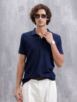 WROGN - Navy Blue Cotton Blend Textured Polo T-Shirt